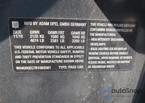 2011 Buick Regal Cxl Russelsheim z USA, uszkodzony, nr VIN W04GR5EC7B1063561